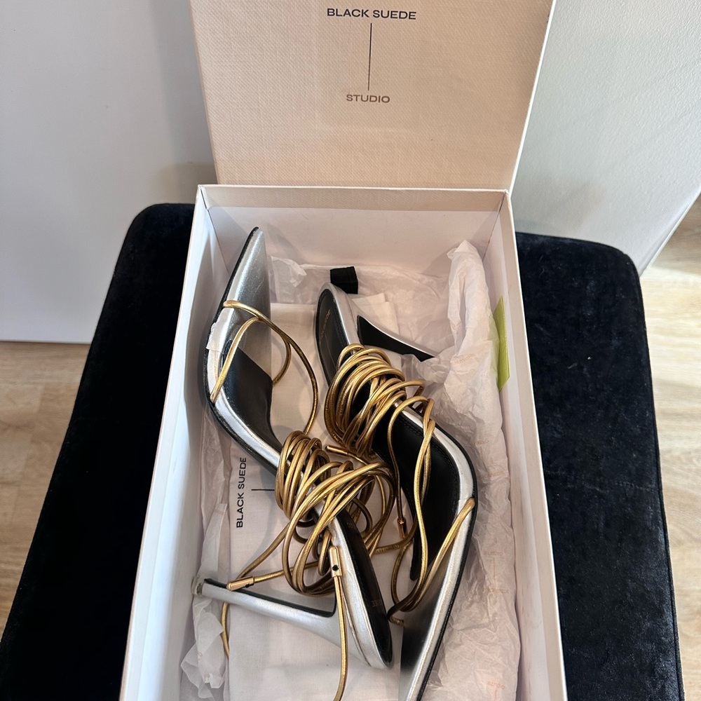 Black Suede Studios Gold and Black Strappy Heels